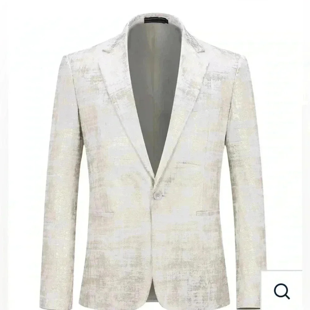 2XL slim fit one button front velvet blazer white gold notched lapel men busines